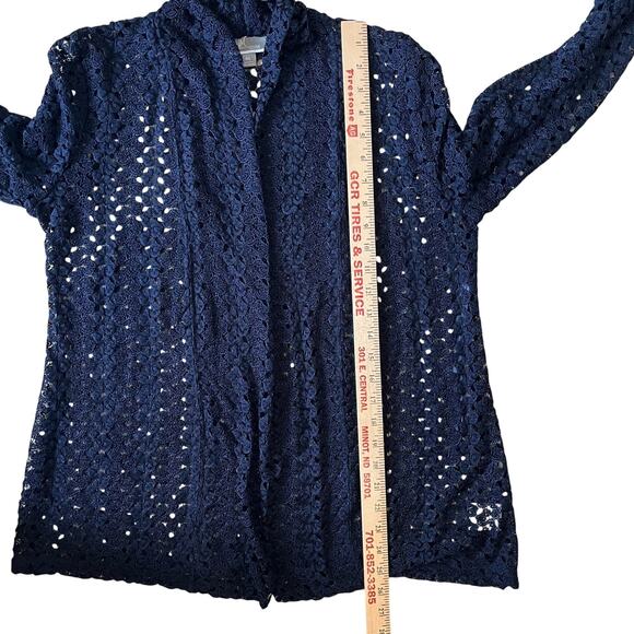 JM Collection Cardigan Petite Size Large Navy Blue Open Stitch Knit Topper Light - Picture 9 of 10
